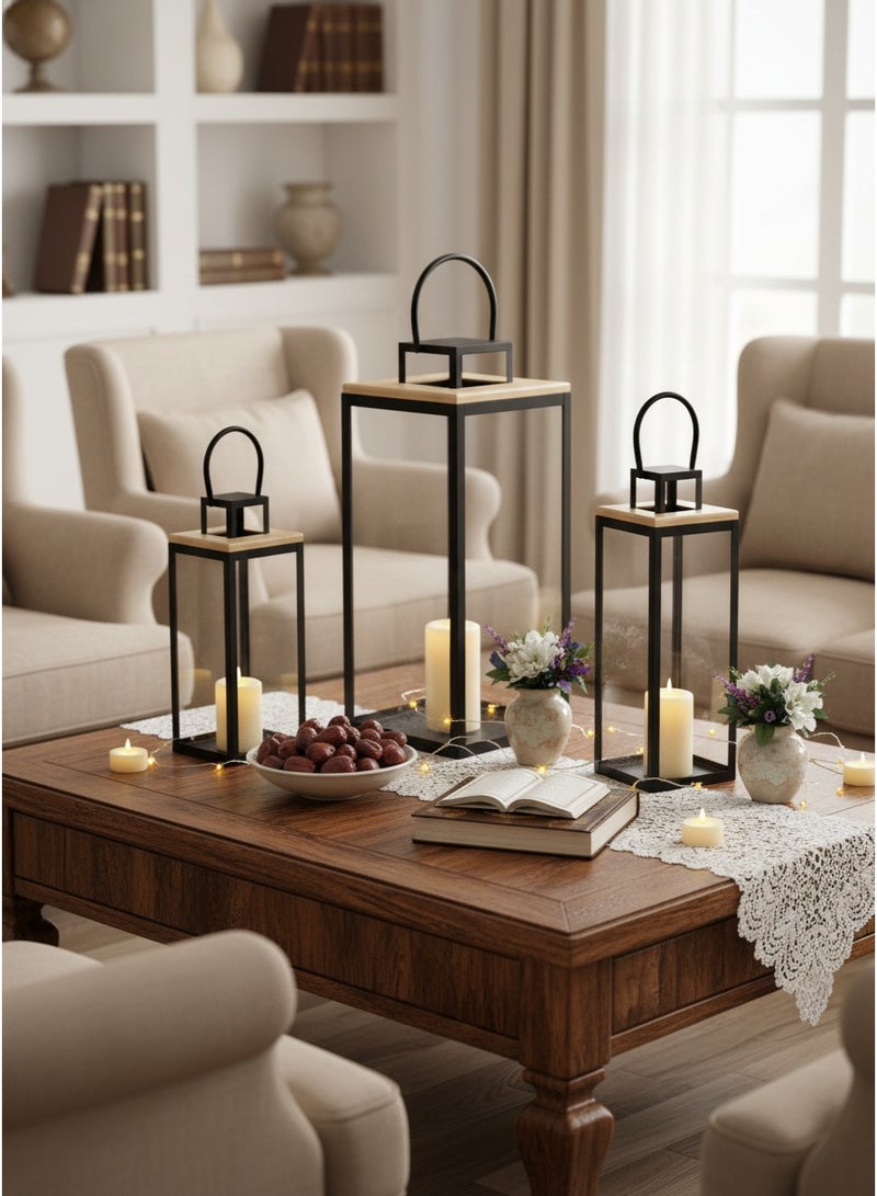 ليفينج مجموعة فوانيس رمصان  معدنية خشبي   تصميم كلاسيكي 3 قطع - Image 1