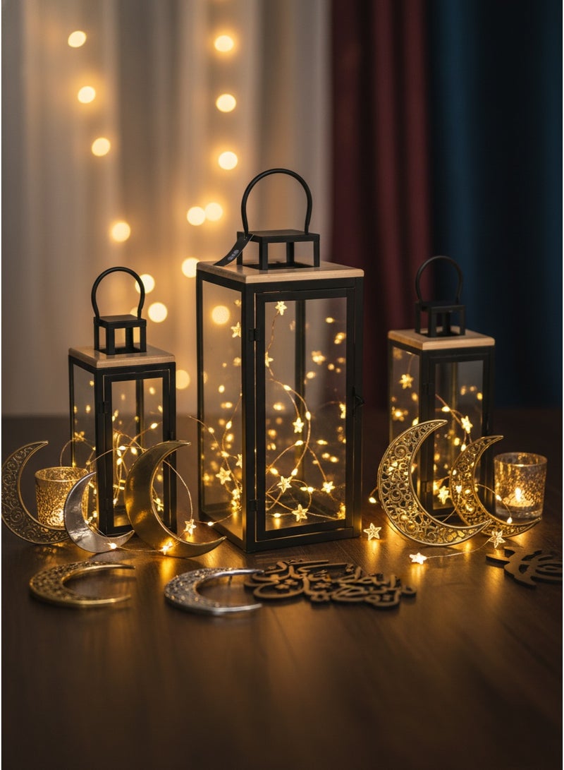 ليفينج مجموعة فوانيس رمصان  معدنية خشبي   تصميم كلاسيكي 3 قطع - Image 2