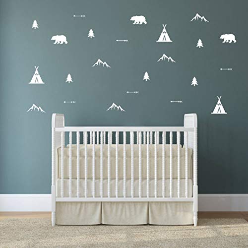 Yyart Set of Woodland Bears, Arrows, Teepees, Trees and Mountains Wall Decals, Vinyl Stickers for Bedroom, Living Room, School, Nursery Wall Decals A41 (White) - Image 3