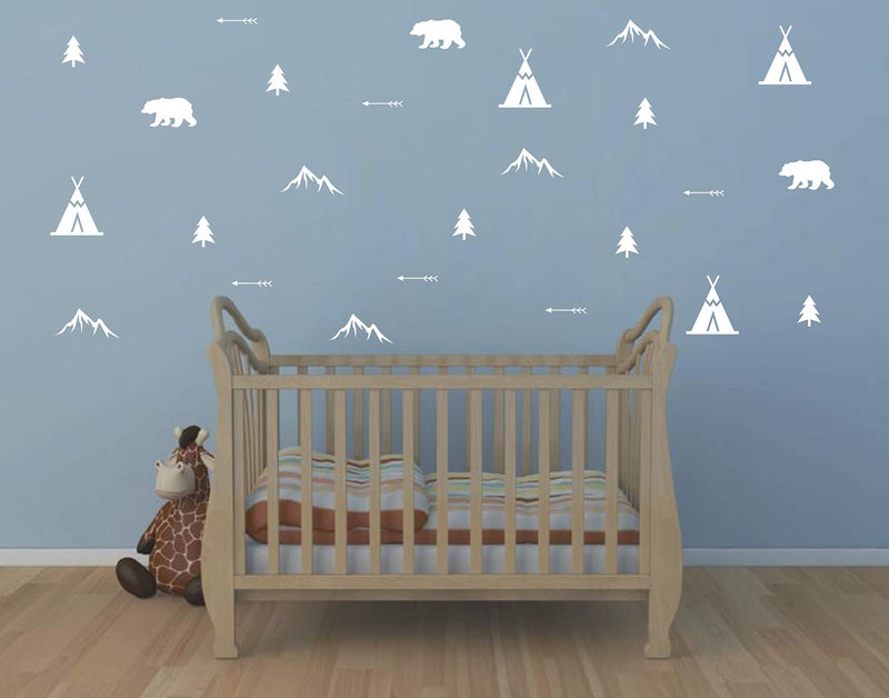 Yyart Set of Woodland Bears, Arrows, Teepees, Trees and Mountains Wall Decals, Vinyl Stickers for Bedroom, Living Room, School, Nursery Wall Decals A41 (White) - Image 5