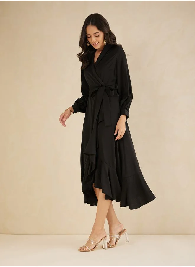 FEMELLA Shawl Collar Belted Wrap Midi Dress by Styli