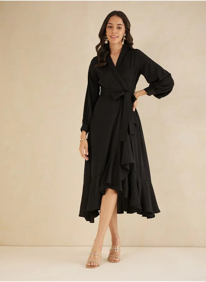 FEMELLA Shawl Collar Belted Wrap Midi Dress by Styli