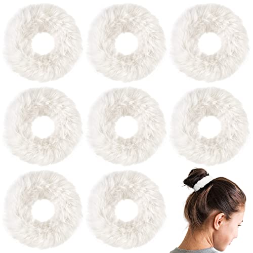 OIIKI White Fuzzy Hair Scrunchies 8pcs, Furry Hair Ties Bands with Faux Rabbit Fur, Soft Kawaii Fluffy Cute Elastic Hair Tie Ponytail Holders for Girls Women Halloween Christmas Hair Accessories - Image 1
