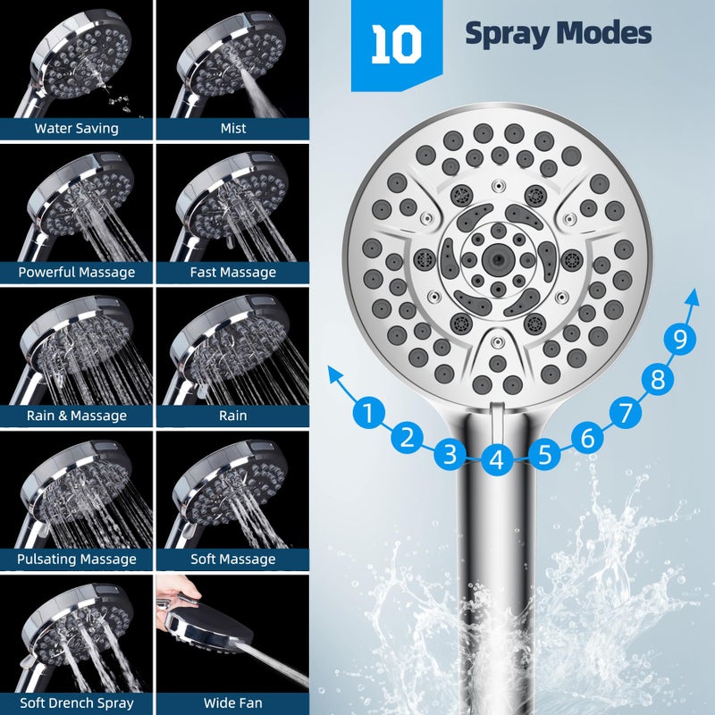 Hibbent 12'' All Metal CUPC Certified Shower Head, High Pressure Rainfall Shower Head, Handheld Showerhead Combo, 12'' Adjustable Shower Extension Arm, 10-Spray, 71'' Hose, Showerhead Holder, Chrome - Image 5