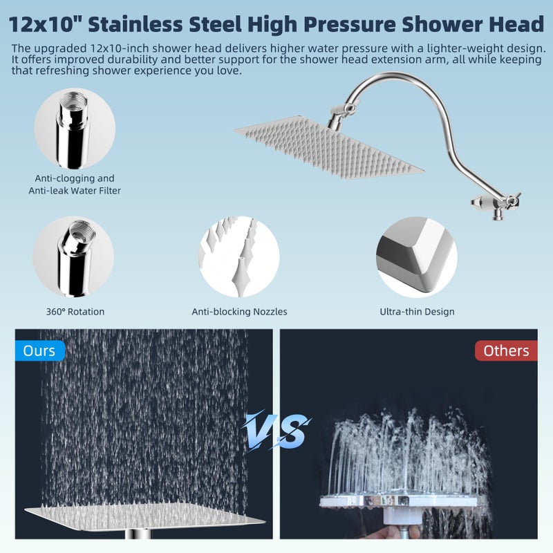 Hibbent 12'' All Metal CUPC Certified Shower Head, High Pressure Rainfall Shower Head, Handheld Showerhead Combo, 12'' Adjustable Shower Extension Arm, 10-Spray, 71'' Hose, Showerhead Holder, Chrome - Image 4