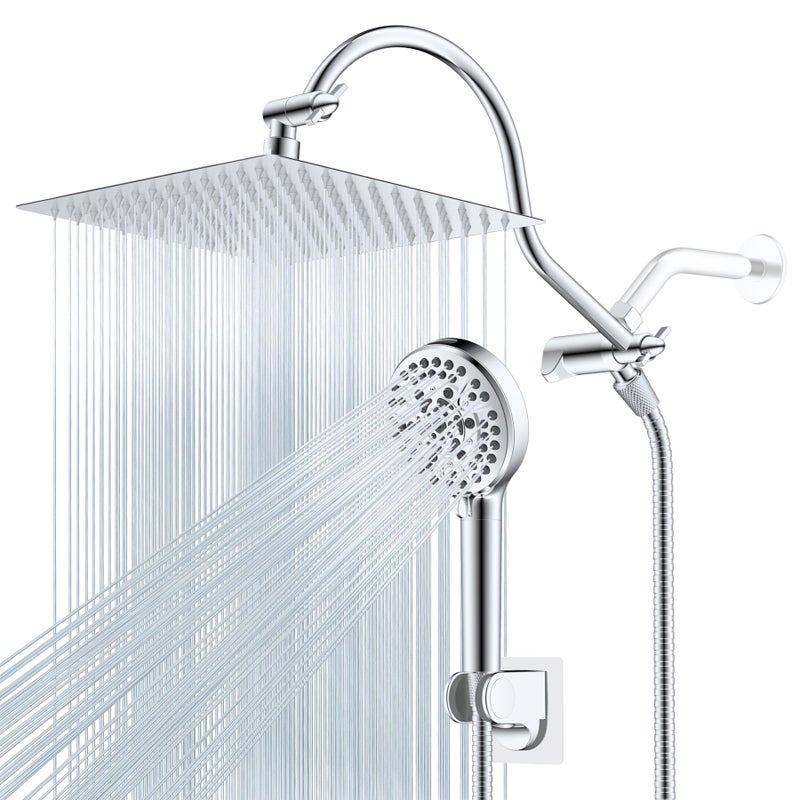 Hibbent 12'' All Metal CUPC Certified Shower Head, High Pressure Rainfall Shower Head, Handheld Showerhead Combo, 12'' Adjustable Shower Extension Arm, 10-Spray, 71'' Hose, Showerhead Holder, Chrome - Image 1