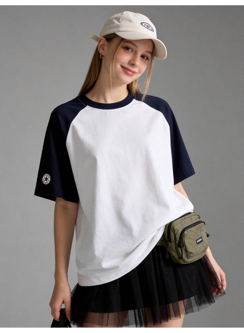 كونفرس CONVERSE نمط البحرية والكريم اللون كتلة Raglan تي شيرت للجنسين فضفاضة عارضة زوجان قصيرة الأكمام تي - Image 2