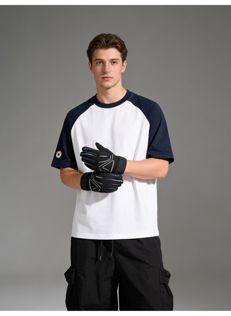 كونفرس CONVERSE نمط البحرية والكريم اللون كتلة Raglan تي شيرت للجنسين فضفاضة عارضة زوجان قصيرة الأكمام تي - Image 4