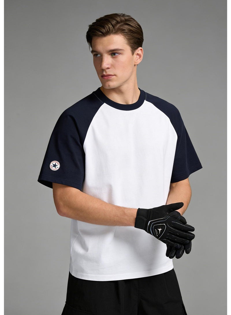 كونفرس CONVERSE نمط البحرية والكريم اللون كتلة Raglan تي شيرت للجنسين فضفاضة عارضة زوجان قصيرة الأكمام تي - Image 1