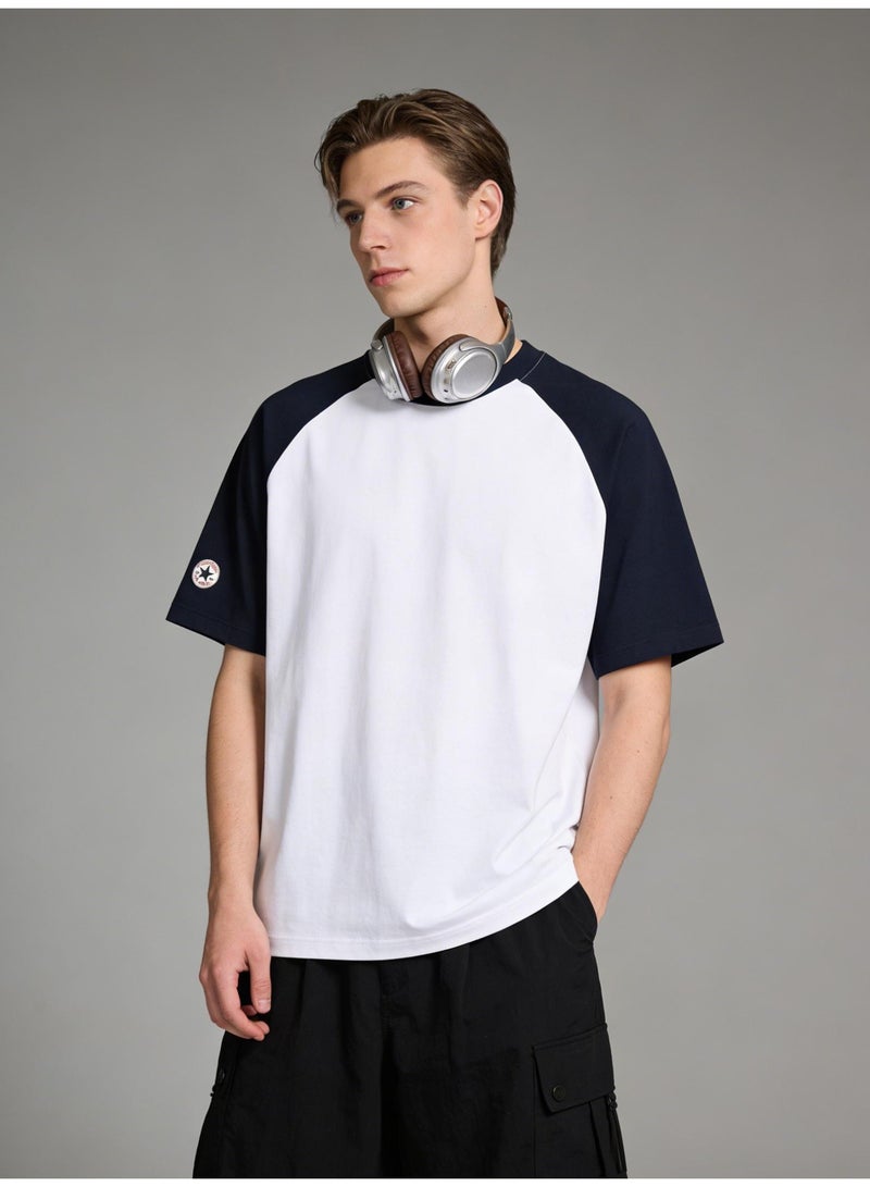 كونفرس CONVERSE نمط البحرية والكريم اللون كتلة Raglan تي شيرت للجنسين فضفاضة عارضة زوجان قصيرة الأكمام تي - Image 5