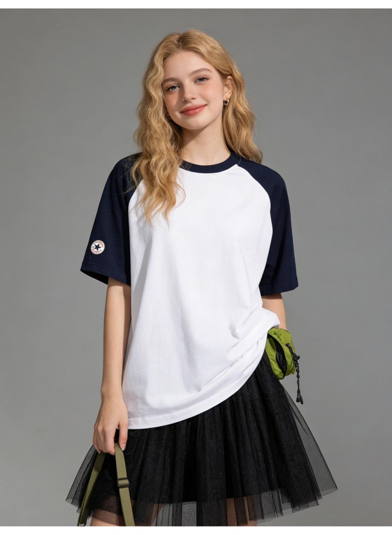 كونفرس CONVERSE نمط البحرية والكريم اللون كتلة Raglan تي شيرت للجنسين فضفاضة عارضة زوجان قصيرة الأكمام تي - Image 3