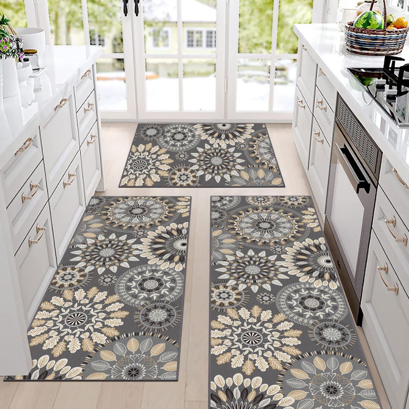 Bsmathom Boho Kitchen Rug Mat Sets 3 Piece, Farmhouse Non Slip Kitchen Rug Runner, Washable Non Skid Kitchen Rugs, Bohemian Kitchen Floor Mat for Hallway Entryway Laundry Room - Image 2