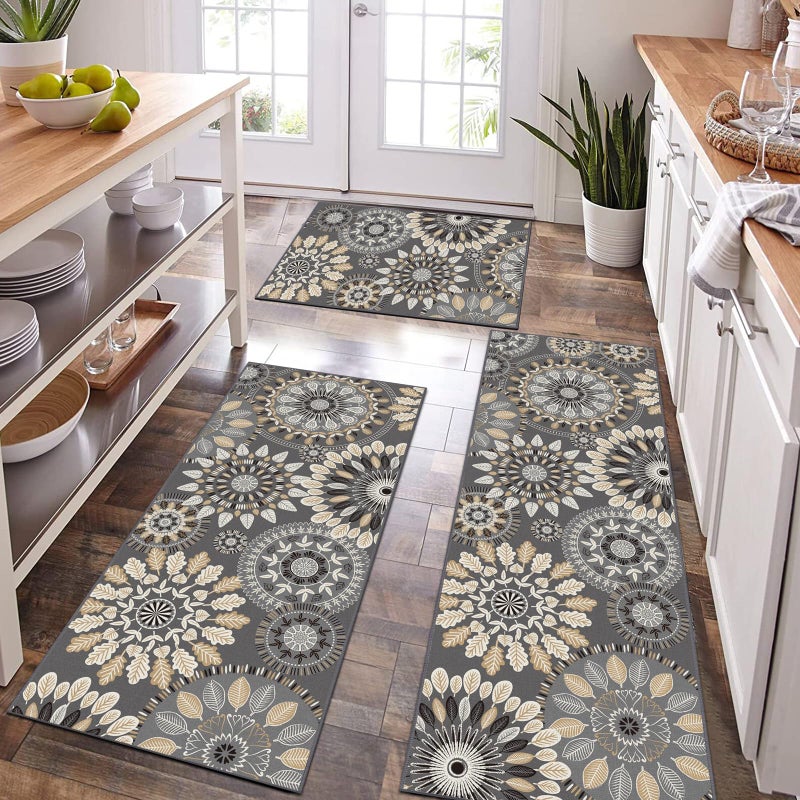 Bsmathom Boho Kitchen Rug Mat Sets 3 Piece, Farmhouse Non Slip Kitchen Rug Runner, Washable Non Skid Kitchen Rugs, Bohemian Kitchen Floor Mat for Hallway Entryway Laundry Room - Image 1