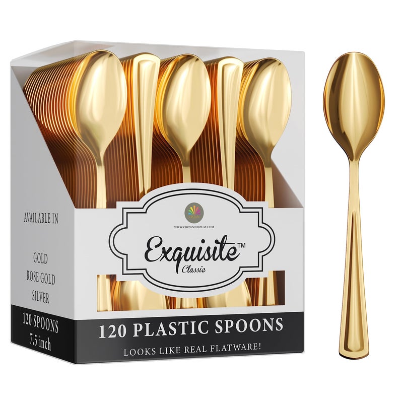 Exquisite Gold Plastic Spoons Heavy Duty 120 Pcs Gold Plastic Silverware Heavy Duty Disposable Silverware Set | Disposable Spoons Eating Utensils Sets Flatware Set For Parties & Events Exquisite - Image 1