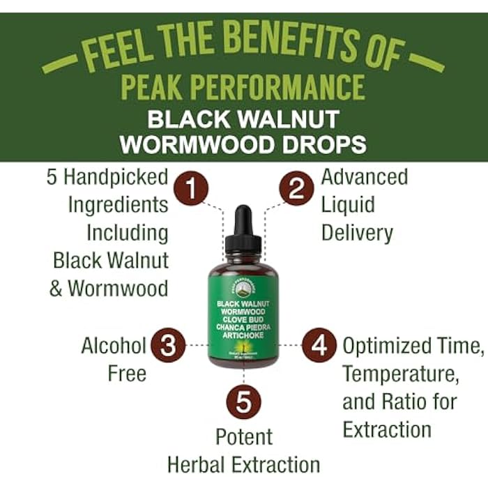 Peak Performance Wormwood Black Walnut Clove Cleanse for Humans. Elimination Detox + Intestinal Support Liquid Tincture Supplement for Adults and Kids. with Artichoke and Chanca Piedra for Additional Benefits - Image 2