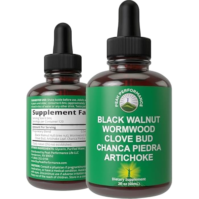 Peak Performance Wormwood Black Walnut Clove Cleanse for Humans. Elimination Detox + Intestinal Support Liquid Tincture Supplement for Adults and Kids. with Artichoke and Chanca Piedra for Additional Benefits - Image 1
