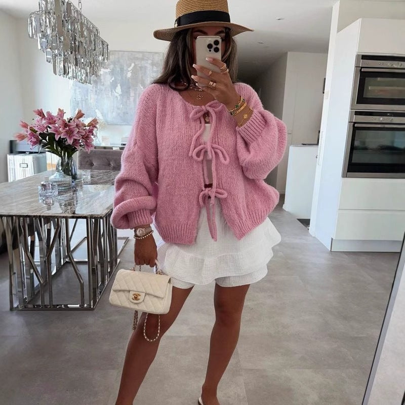 Round Neck Tie-Knit Cardigan Sweater for Women - Image 3