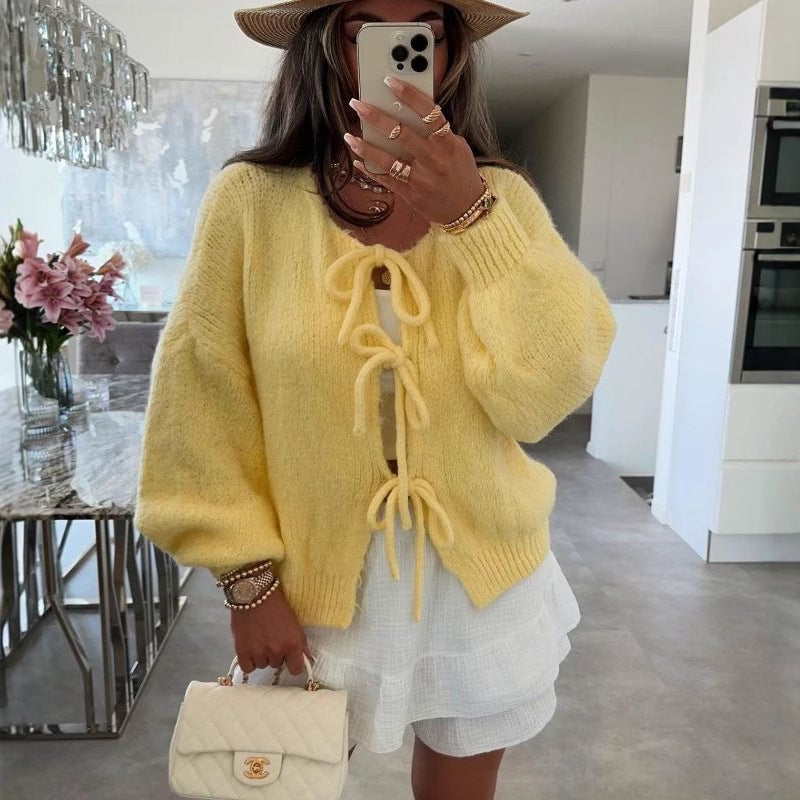 Round Neck Tie-Knit Cardigan Sweater for Women - Image 4