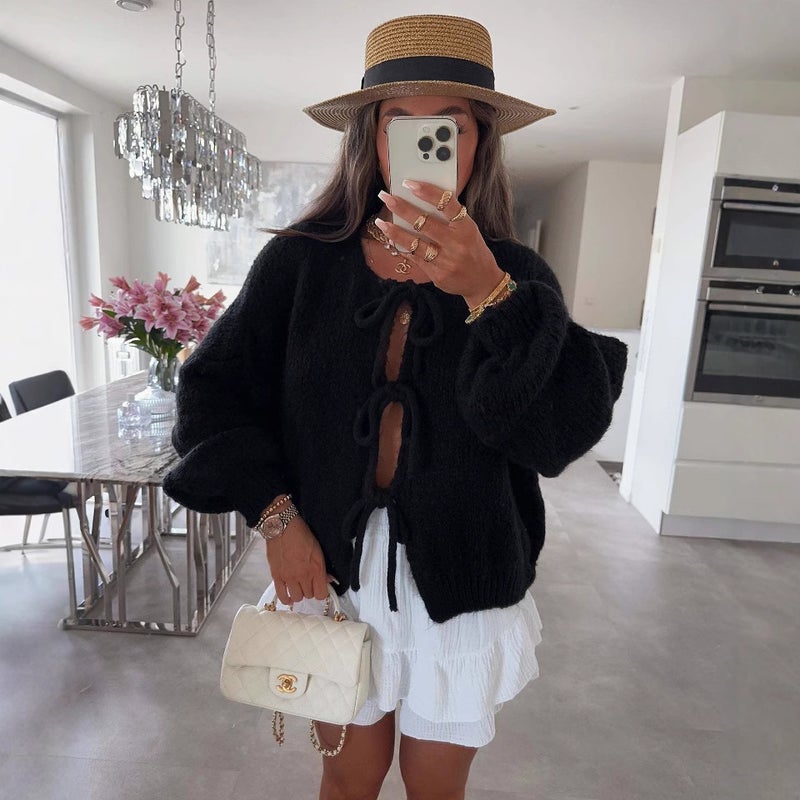 Round Neck Tie-Knit Cardigan Sweater for Women - Image 2
