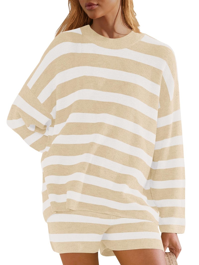 Panadila Womens Oversized Lounge Sets Striped Sweater Shorts Set Matching Pajama Set 2 Piece Outfits (Light Khaki Combo,S) - Image 2