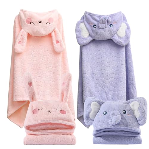 FOINEMYED 2 Pack Hooded Towels for Toddlers Thick 55 x 275 Baby Bath Towel Set for Girls and Boys Super Absorbent Age 15 Elephant Rabbit - Image 1