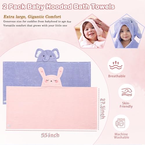 FOINEMYED 2 Pack Hooded Towels for Toddlers Thick 55 x 275 Baby Bath Towel Set for Girls and Boys Super Absorbent Age 15 Elephant Rabbit - Image 3