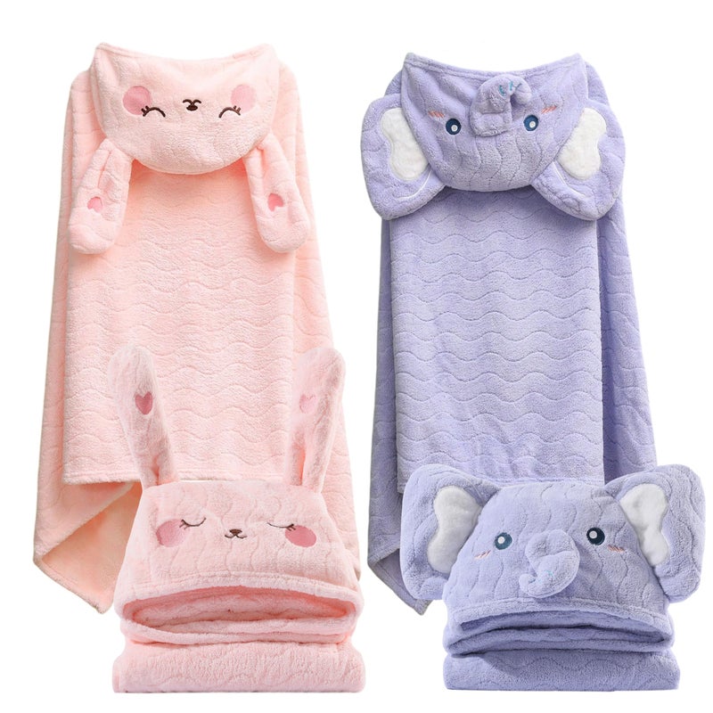 FOINEMYED 2 Pack Hooded Towels for Toddlers Thick 55 x 275 Baby Bath Towel Set for Girls and Boys Super Absorbent Age 15 Elephant Rabbit - Image 2