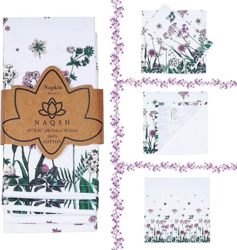 NAQSH Dinner Cloth Napkins Cotton Napkin Set of 4 Washable  Reusable Dinner Napkins for Home Hotel Restaurant  Cafes 20 x 20 Multi Purple Flower - Image 2