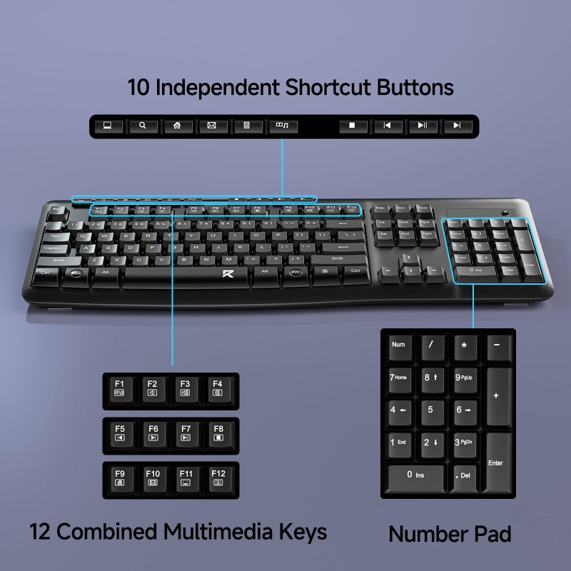 Redragon Wireless Keyboard, 2.4G Full-Sized Ergonomic Wireless Computer Keyboard with 10 Individual Multimedia Keys, Spill Resistant, for Mac OS Desktop/Laptop/PC BK7367 - Image 3