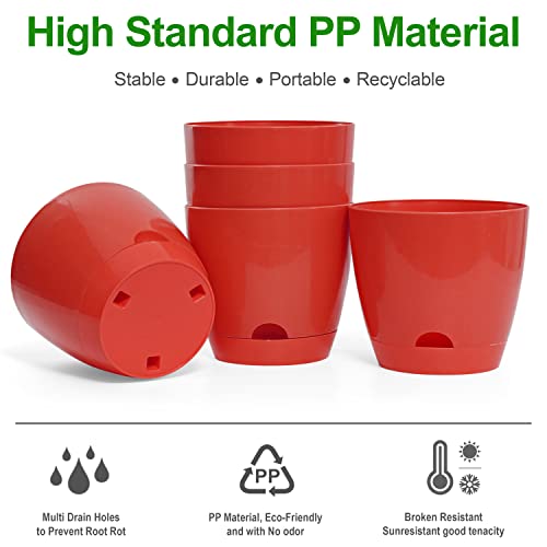 Livzing 7" Self Watering Planter Flower Pot with Drainage Hole - Indoor Outdoor Planter Pots for Balcony Home Garden Living Room - Modern Plant Pot - Virgin Plastic Flower Pots - Red (Pack of 5) - Image 5