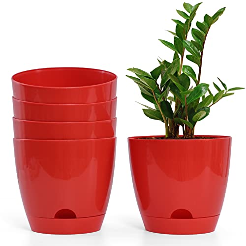 Livzing 7" Self Watering Planter Flower Pot with Drainage Hole - Indoor Outdoor Planter Pots for Balcony Home Garden Living Room - Modern Plant Pot - Virgin Plastic Flower Pots - Red (Pack of 5) - Image 1
