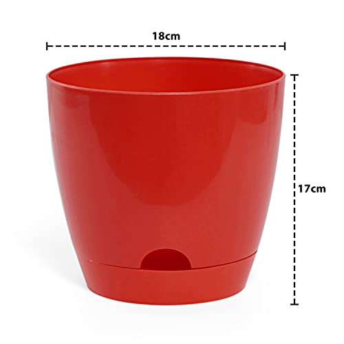 Livzing 7" Self Watering Planter Flower Pot with Drainage Hole - Indoor Outdoor Planter Pots for Balcony Home Garden Living Room - Modern Plant Pot - Virgin Plastic Flower Pots - Red (Pack of 5) - Image 2