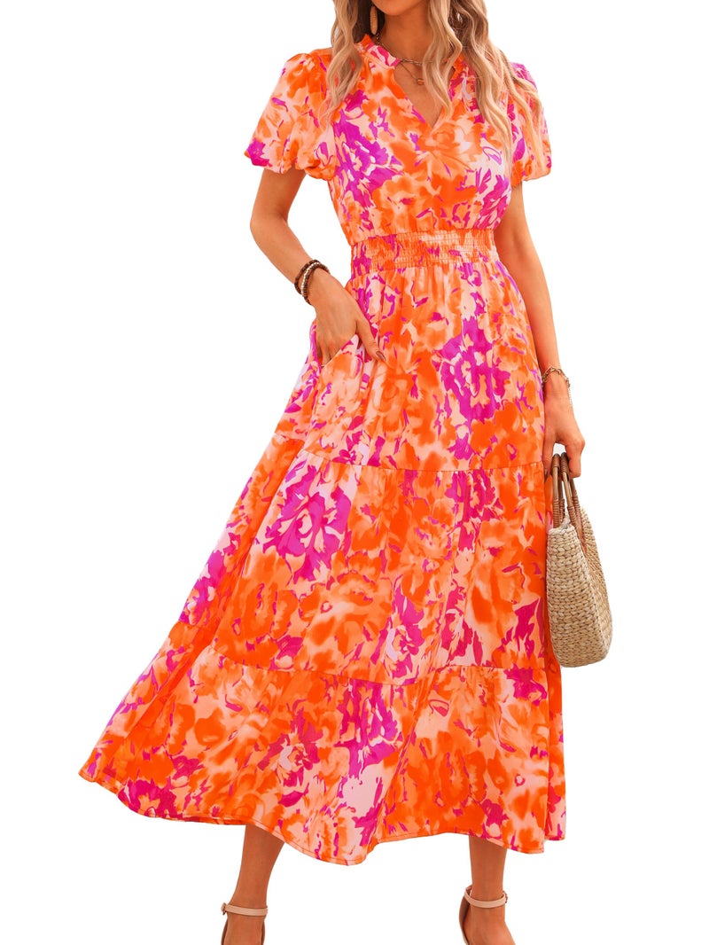 MASCOMODA Summer Maxi Dresses for Women 2025 Casual V Neck Puff Short Sleeve Smocked Flowy Beach Boho Long Floral Dress(Orange Rose Red Big Floral,Small) - Image 1