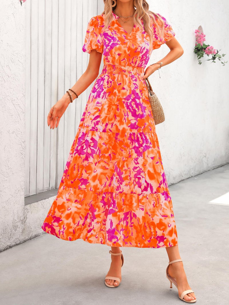 MASCOMODA Summer Maxi Dresses for Women 2025 Casual V Neck Puff Short Sleeve Smocked Flowy Beach Boho Long Floral Dress(Orange Rose Red Big Floral,Small) - Image 4