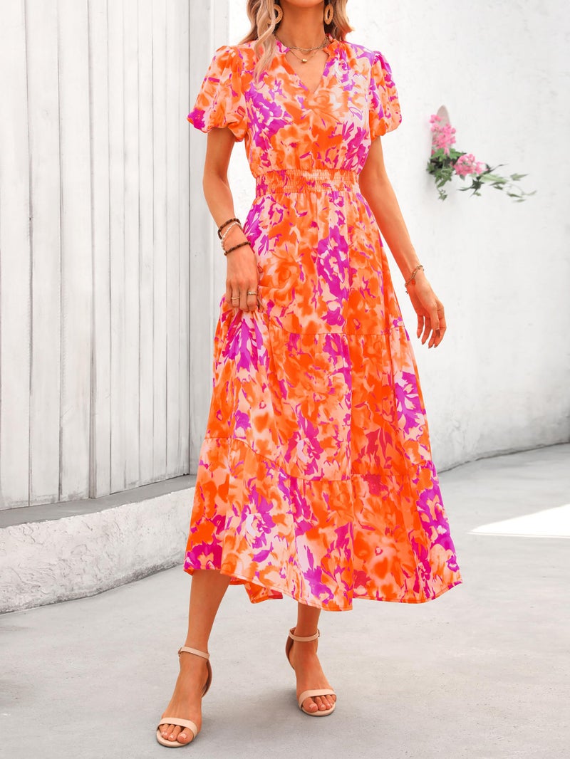 MASCOMODA Summer Maxi Dresses for Women 2025 Casual V Neck Puff Short Sleeve Smocked Flowy Beach Boho Long Floral Dress(Orange Rose Red Big Floral,Small) - Image 2