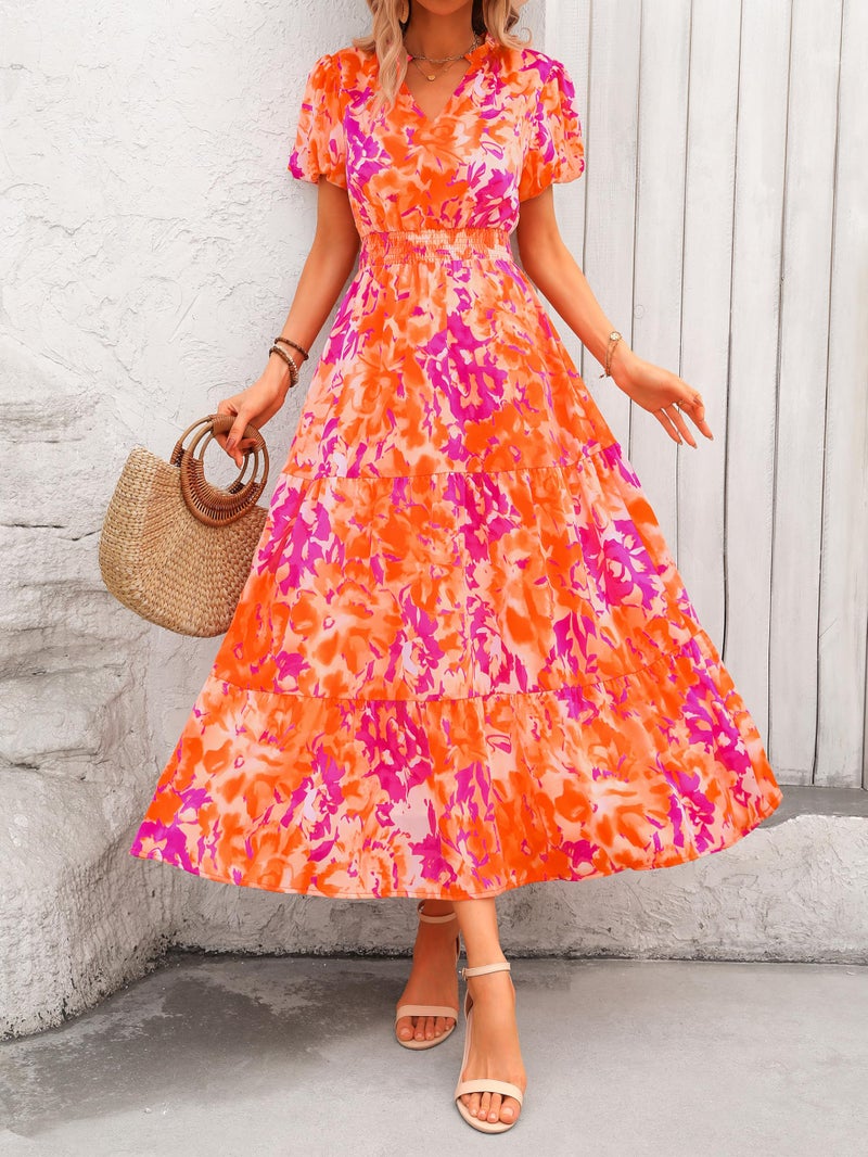 MASCOMODA Summer Maxi Dresses for Women 2025 Casual V Neck Puff Short Sleeve Smocked Flowy Beach Boho Long Floral Dress(Orange Rose Red Big Floral,Small) - Image 5