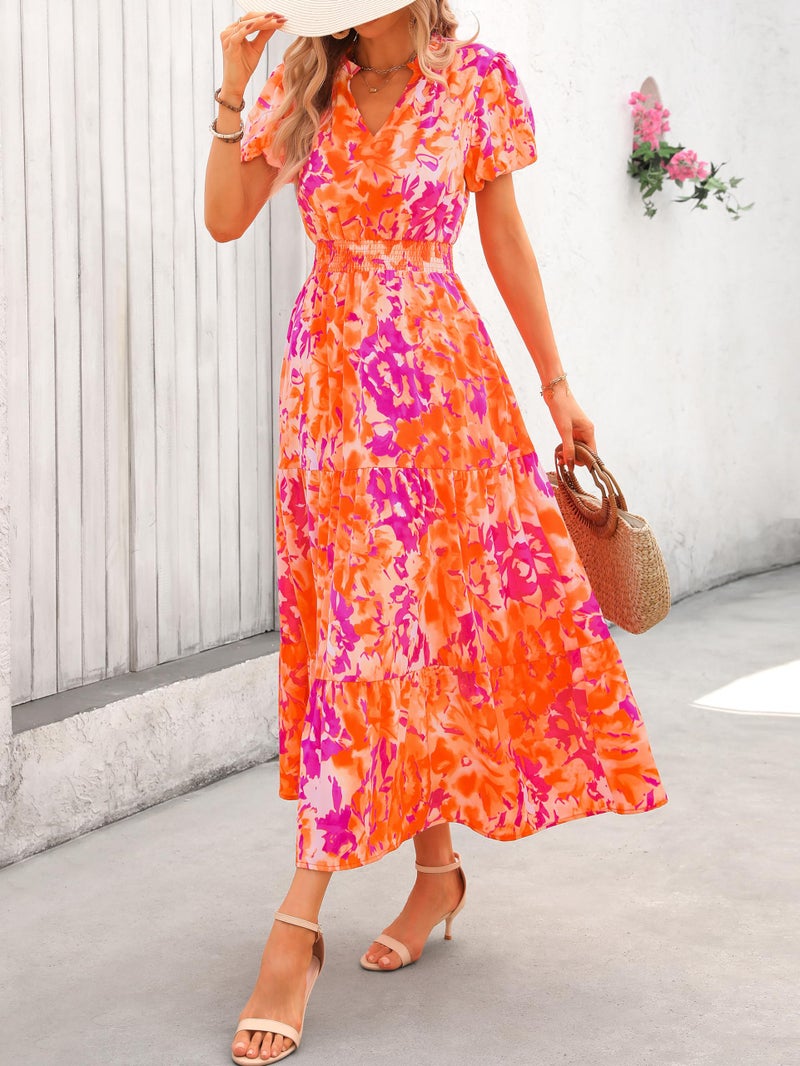 MASCOMODA Summer Maxi Dresses for Women 2025 Casual V Neck Puff Short Sleeve Smocked Flowy Beach Boho Long Floral Dress(Orange Rose Red Big Floral,Small) - Image 3
