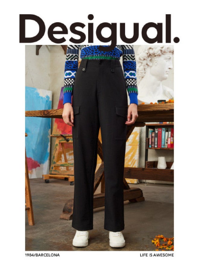 DESIGUAL women's Casual Pants With Large Pockets, Straight Cut, Printed Inner Waistband, Relaxed Fit - Image 1
