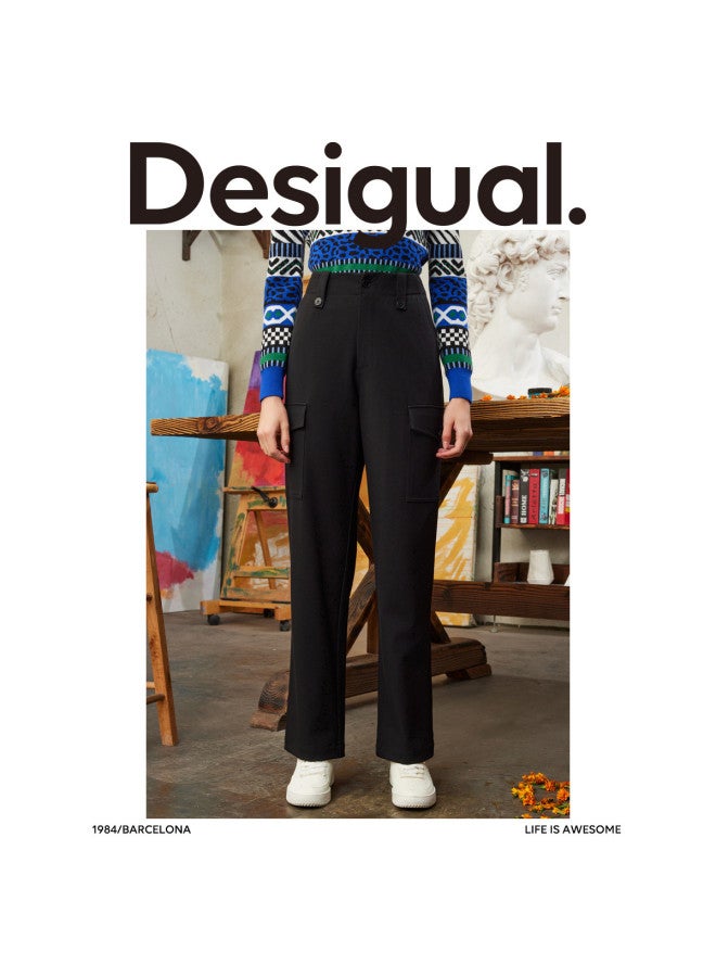 DESIGUAL women's Casual Pants With Large Pockets, Straight Cut, Printed Inner Waistband, Relaxed Fit - Image 2