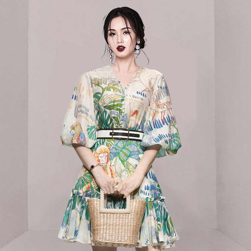 Cross-border 2022 new ladies elegant elegant retro lantern sleeve waist slimming hip print dress Picture color