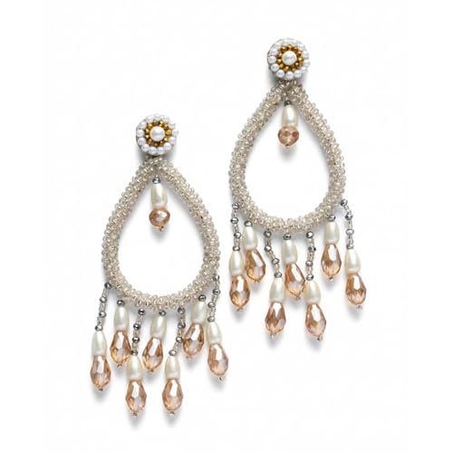 SANJOYA by EVERSTYLISH Embroidered Earrings for Women | Pearl & Glass Drop Statement Earrings (White) | Ethnic Jewelry for Weddings, Festivals & Special Occasions - Image 1