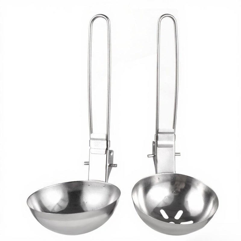 Slotted Soup Spoon: Premium Stainless Steel Foldable Ergonomic Long Handle - Space-Saving Polished Rounded Edge for Outdoor Camping Hiking Picnic Backpacking Bbq Food Preparation - Image 1