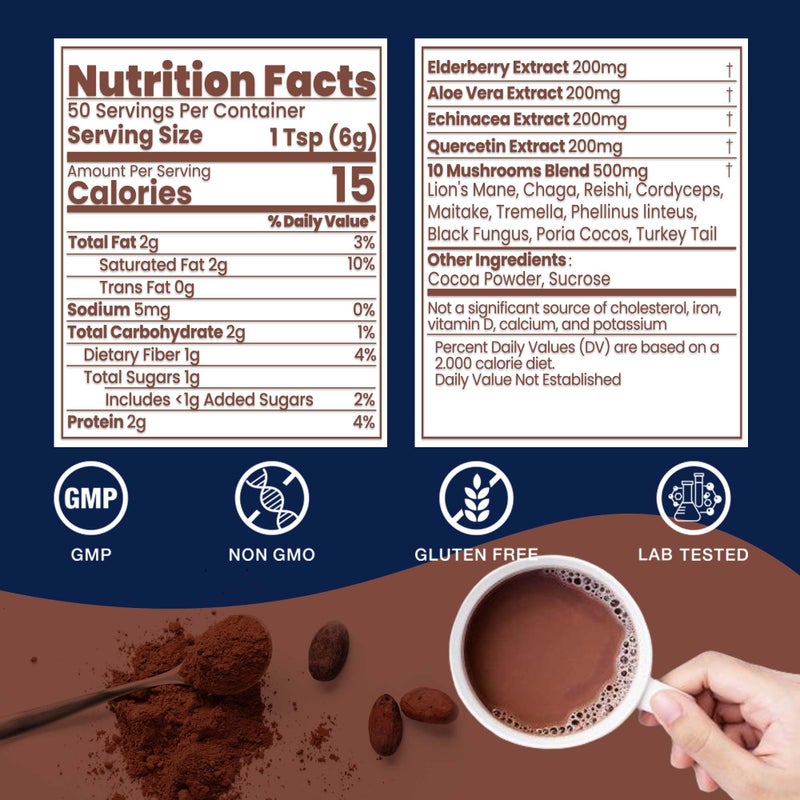 Mushroom Hot Chocolate, 50 Servings Cocoa Powder | 10 Mushrooms Supplements with Elderberry, Aloe Vera, Echinacea & Quercetin | Support Immunity, Gut & Stress Health | Vegan & Keto, Gluten-Free - Image 4