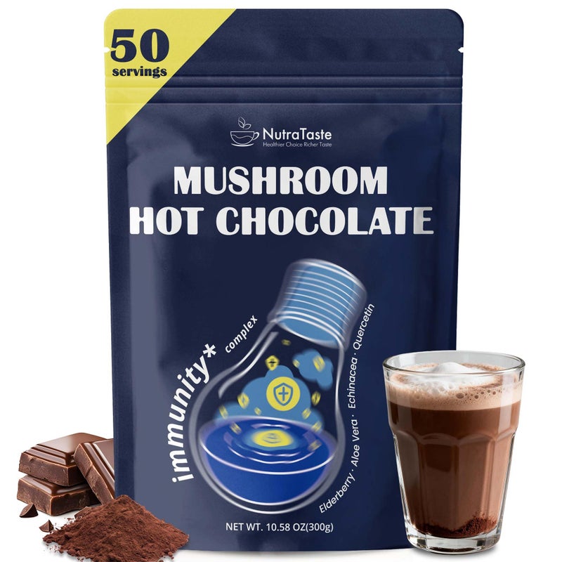 Mushroom Hot Chocolate, 50 Servings Cocoa Powder | 10 Mushrooms Supplements with Elderberry, Aloe Vera, Echinacea & Quercetin | Support Immunity, Gut & Stress Health | Vegan & Keto, Gluten-Free - Image 1