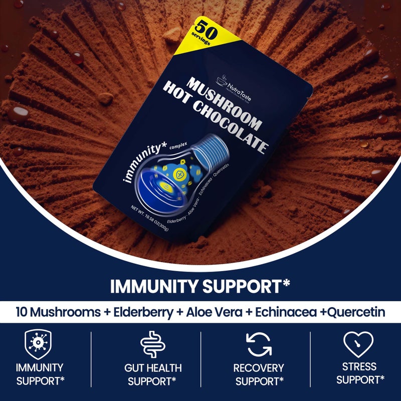 Mushroom Hot Chocolate, 50 Servings Cocoa Powder | 10 Mushrooms Supplements with Elderberry, Aloe Vera, Echinacea & Quercetin | Support Immunity, Gut & Stress Health | Vegan & Keto, Gluten-Free - Image 2