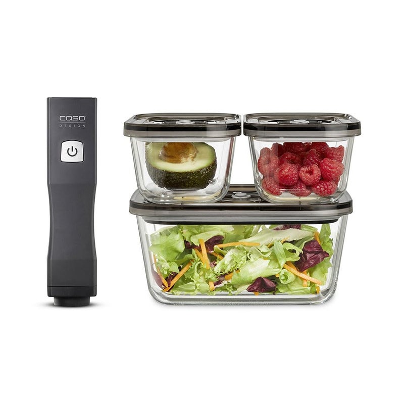 CASO Vacu OneTouch Eco Kit Handheld Vacuum Sealer with 3 Glass Vacuum Containers 10 Zip Bags and Food Manager Stickers Wireless Up to 150 Minutes Runtime Rechargeable