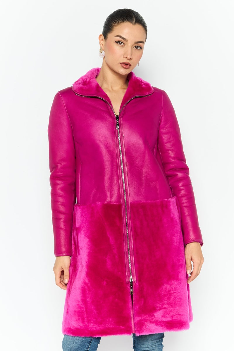 EMPORIO ARMANI Women Solid Reversible Shearling Trench Coat, Pink  - Image 1