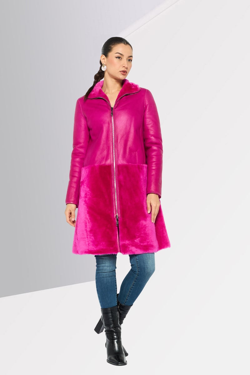 EMPORIO ARMANI Women Solid Reversible Shearling Trench Coat, Pink  - Image 3