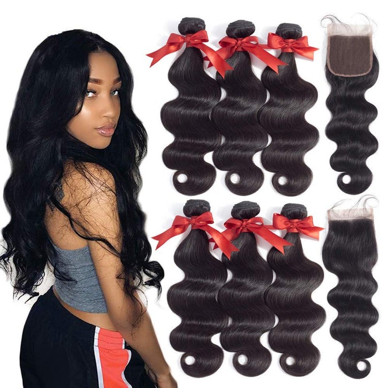 Beauhair Brazilian Virgin Hair Body Wave 3 Bundles with Closure 12 12 1210 Free Part Closure 8A Unprocessed Brazilian Body Wave Bundles with Lace Closure Human Hair Natural Black Color