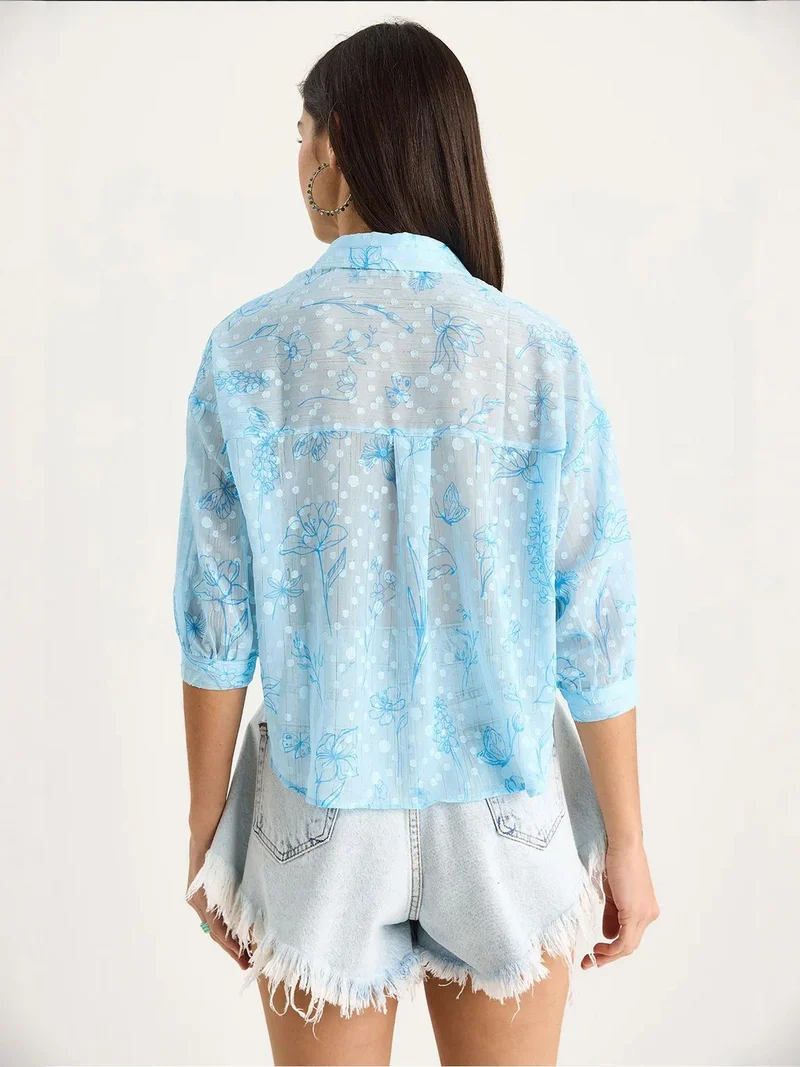 Bianco Lucci LUCCI Floral Jacquard Short Sleeve Button-Up Shirt with Pocket
